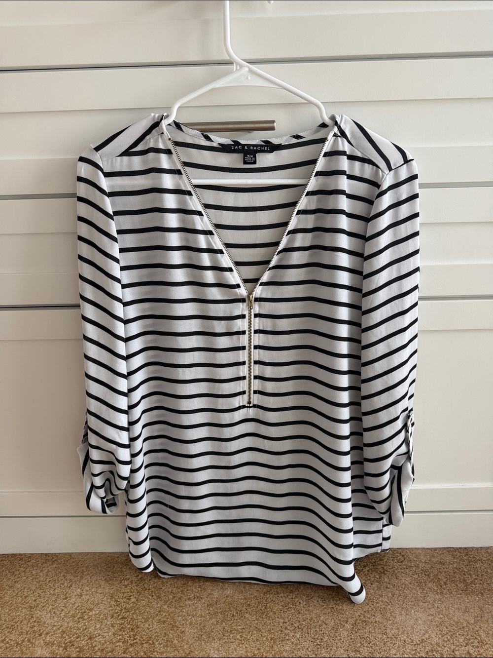 Zac & Rachel Black and White Striped Half-Zip Blouse